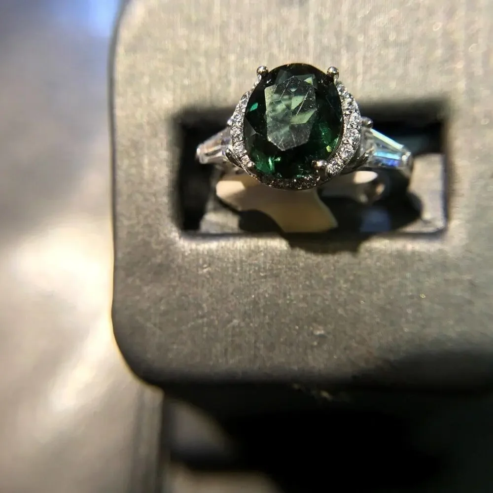 Ring 925 Sz6 Oval Diopside Circle Diamonds 2 Baguette (All Stones Simulated)
